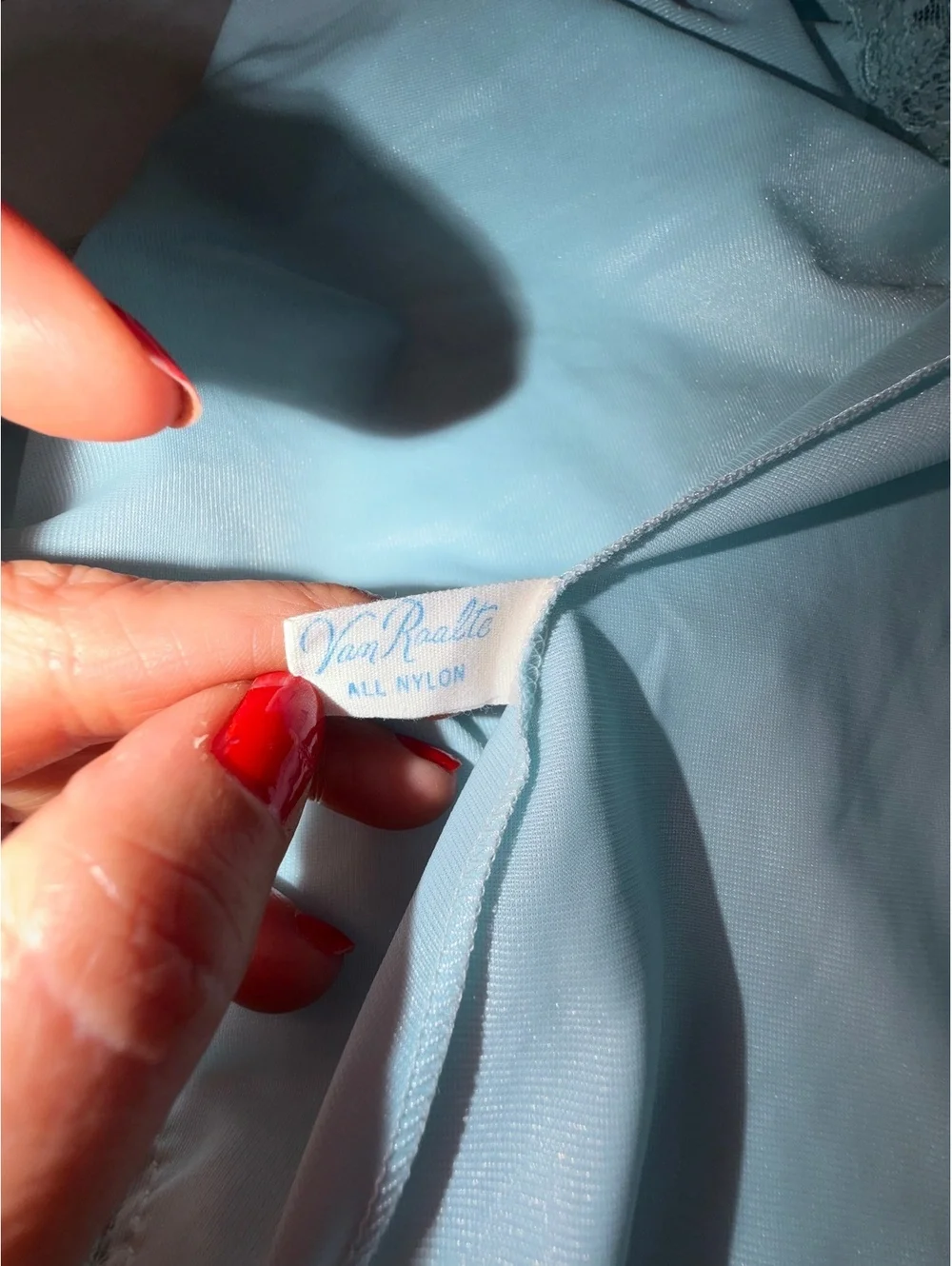 Vintage Van Raalte Light Blue Nylon Nightgown with Lace and Ribbon Detail